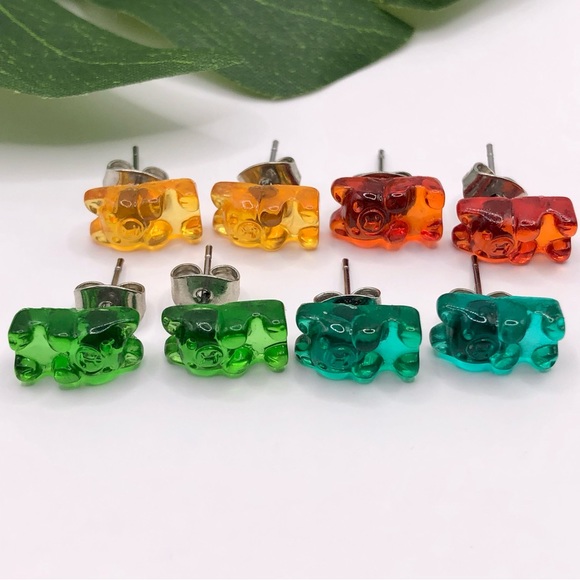 Fashion Jewelry Jewelry - Lot Of 4 Pair Gummy Bear Pierced Post Stud Earrings Green Teal Red Yellow Fun